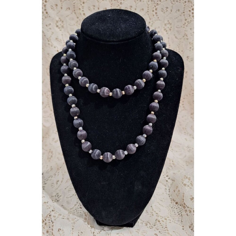 Vintage Artisan 30" Black Silk Beaded Necklace w/Silver-Toned Accents_EUC